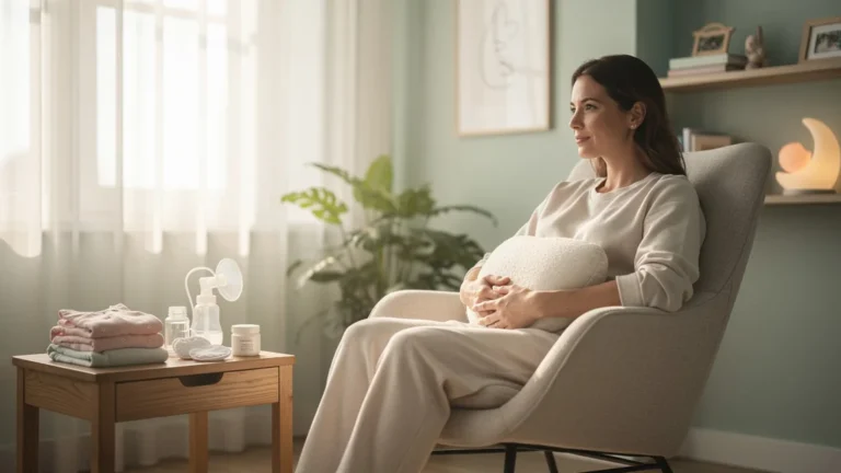 Femme dans une chambre lumineuse illustrant le congé pour allaitement en milieu familial calme et apaisant