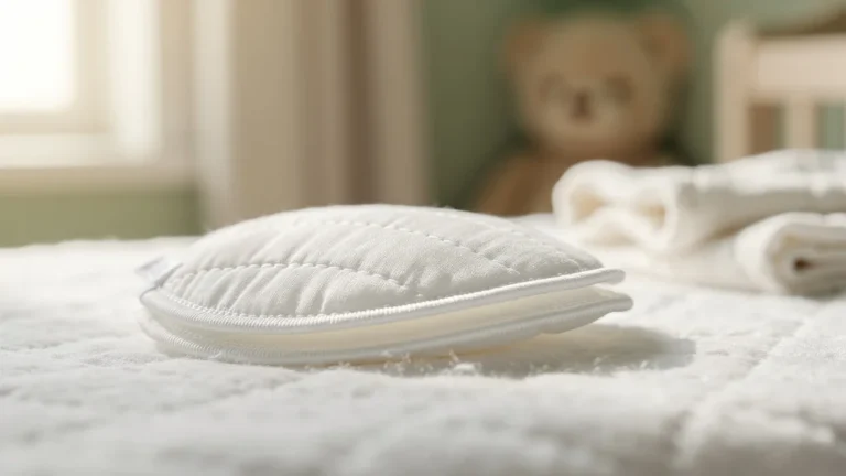 Gros plan réaliste d’un coussinet d’allaitement blanc sur tissu doux dans une ambiance chaleureuse de nursery
