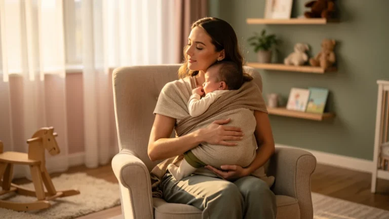 Femme portant un bébé en écharpe de portage confortable en tissu doux dans une chambre lumineuse