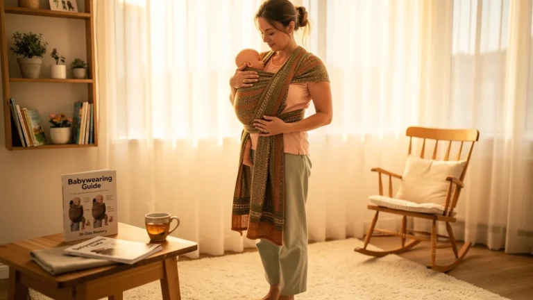 Femme illustrant un tutoriel d’écharpe de portage dans une chambre chaleureuse et lumineuse