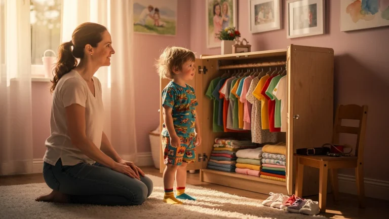 Mère et fils dans une chambre lumineuse, matin apaisé grâce au choix des habits par l'enfant
