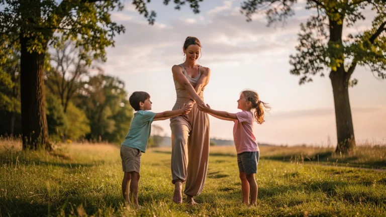 Yoga en famille sans tapis ni matériel dans un cadre naturel paisible et lumineux au coucher du soleil
