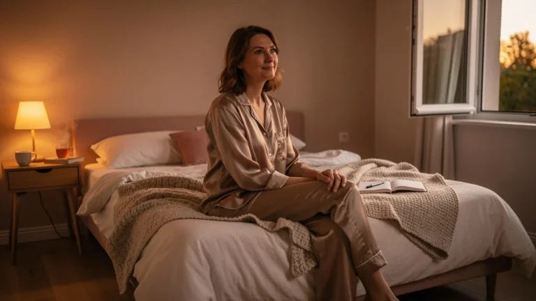 Femme apaisée dans chambre cosy illustrant une routine du soir courte et efficace pour le bien-être familial