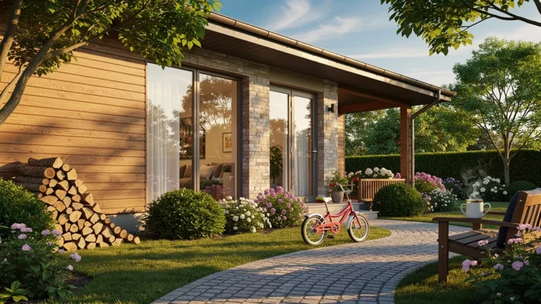 Façade moderne et chaleureuse d’une maison ft entourée d’un jardin verdoyant en lumière douce