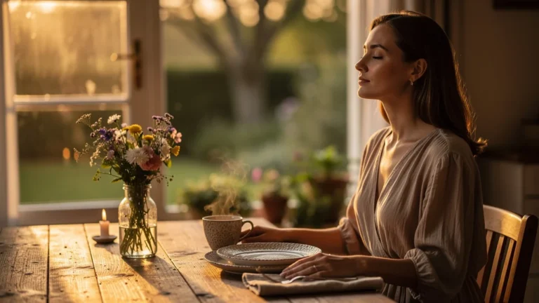 Femme pratiquant un rituel de respiration apaisant avant le dîner dans une ambiance chaleureuse et naturelle