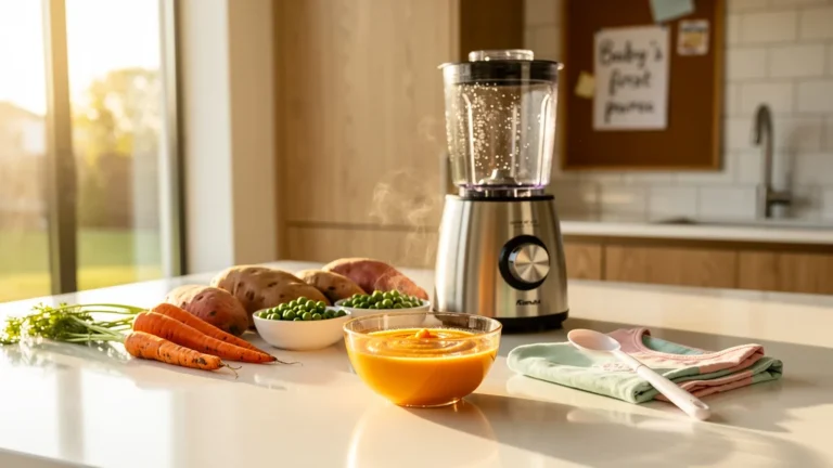 Préparation hyperréaliste de la première purée bébé dans une cuisine moderne et lumineuse, moments clés à éviter