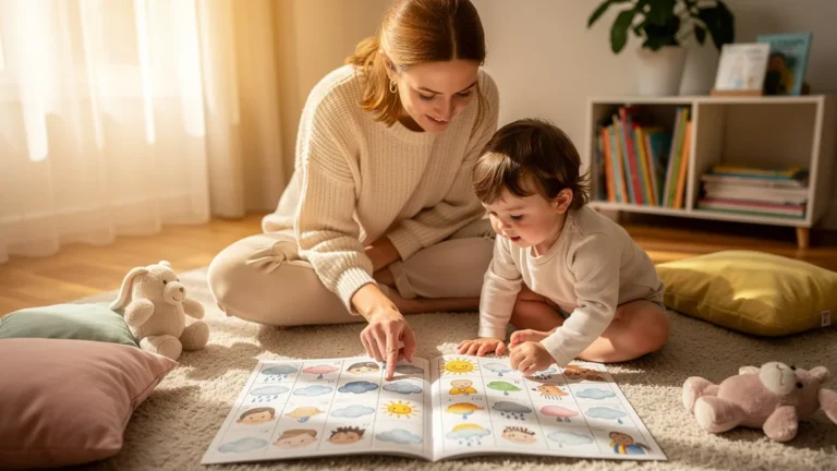 Jeune maman et son tout-petit découvrant un cahier de météo des émotions en deux semaines