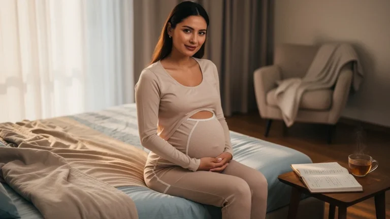 Femme portant vêtement allaitement confortable dans chambre lumineuse, symbole d'autonomie et bien-être