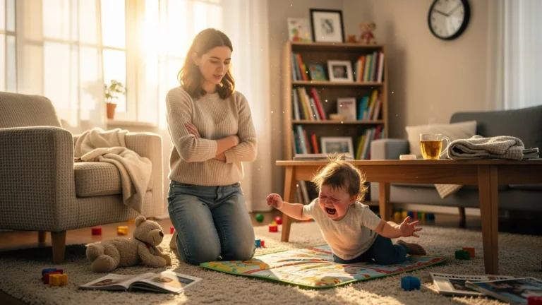 Femme épuisée face à un enfant qui refuse la sieste imposée, lutte familiale en après-midi